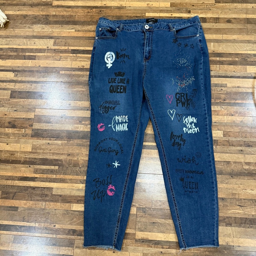 Ashley Stewart Graphic Jeans Women 24 Blue Excellent Rhinestone Empowerment